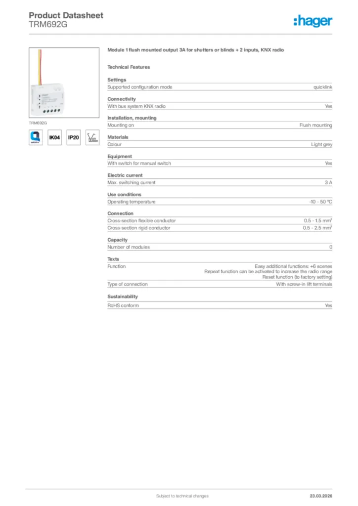 Image Hager Product data sheet TRM692G  | Hager Africa