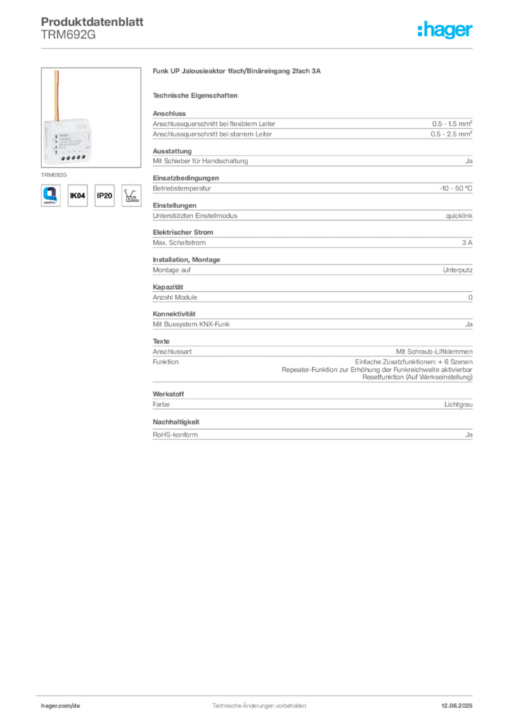 Bild Hager Produktdatenblatt TRM692G | Hager Deutschland