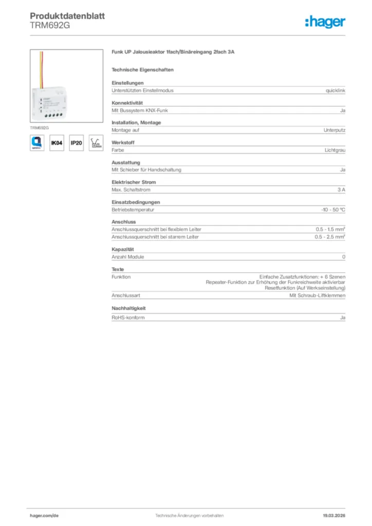 Bild Hager Produktdatenblatt TRM692G | Hager Deutschland