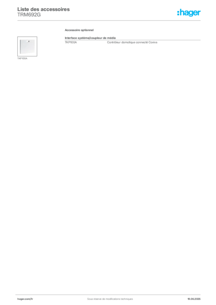 Image Hager Fiche technique du produit TRM692G | Hager France