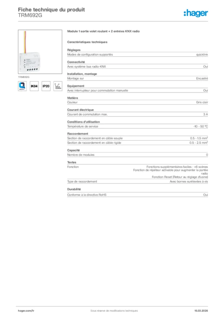 Image Hager Fiche technique du produit TRM692G | Hager France