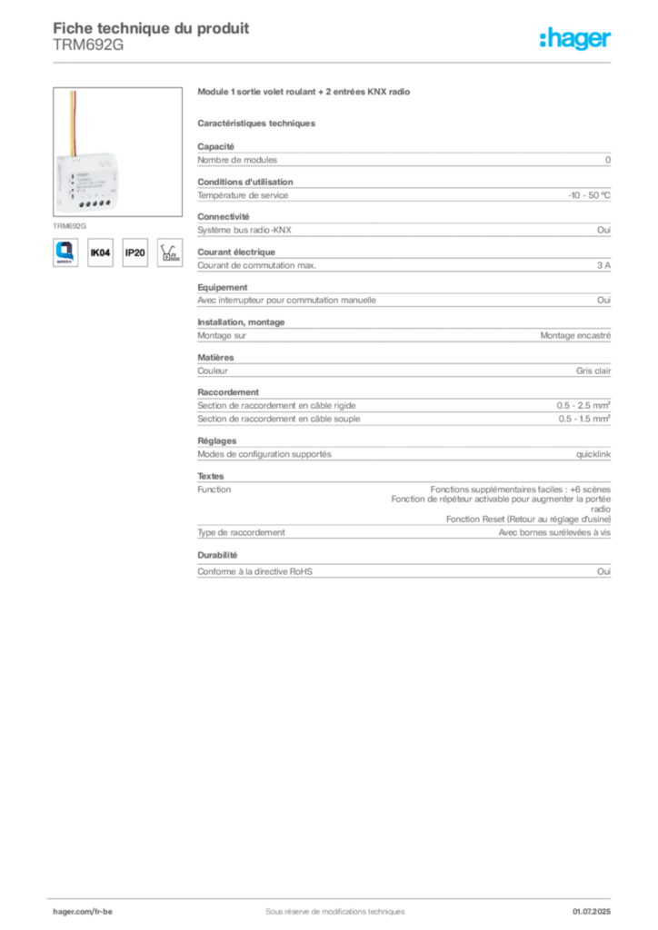 Image Hager Fiche technique du produit TRM692G | Hager Belgique