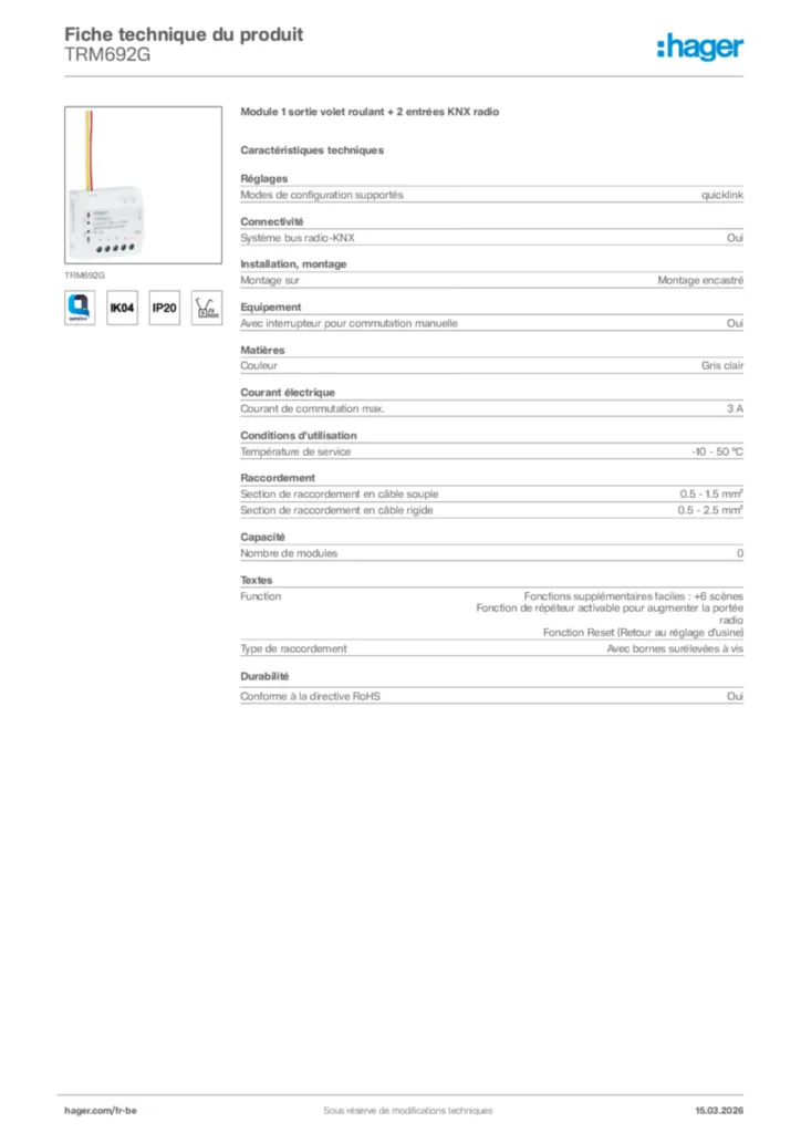 Image Hager Fiche technique du produit TRM692G | Hager Belgique