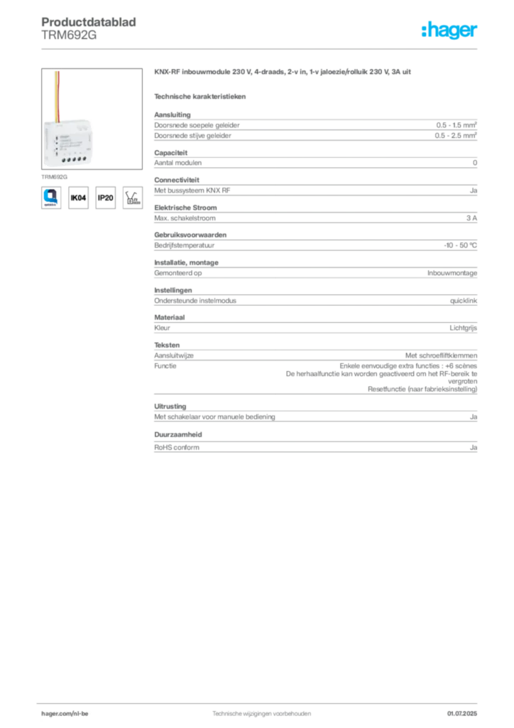 Afbeelding Hager Productdatablad TRM692G | Hager Belgium