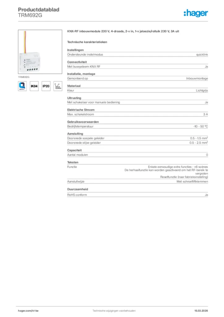 Afbeelding Hager Productdatablad TRM692G | Hager Belgium