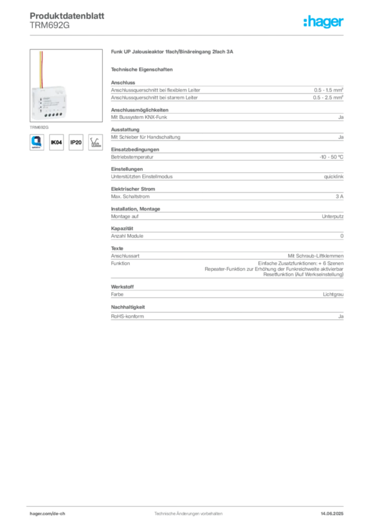 Bild Hager Produktdatenblatt TRM692G | Hager Schweiz