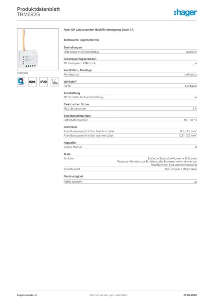 Bild Hager Produktdatenblatt TRM692G | Hager Schweiz