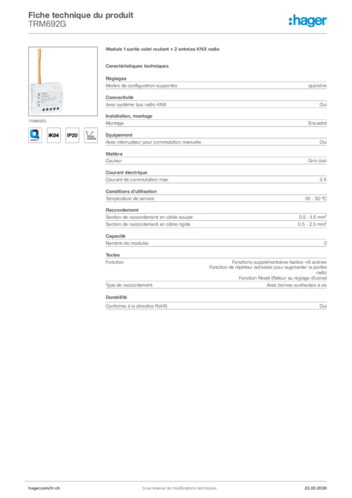 Image Hager Fiche technique du produit TRM692G | Hager Suisse