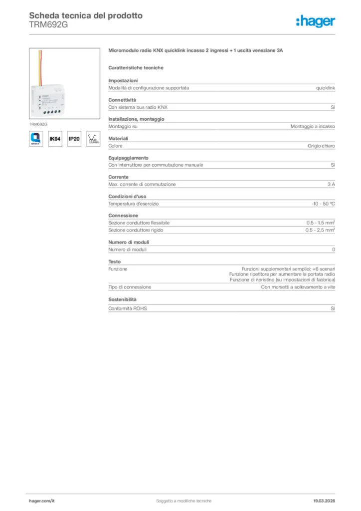 Immagine Hager Scheda tecnica del prodotto TRM692G | Hager Italia