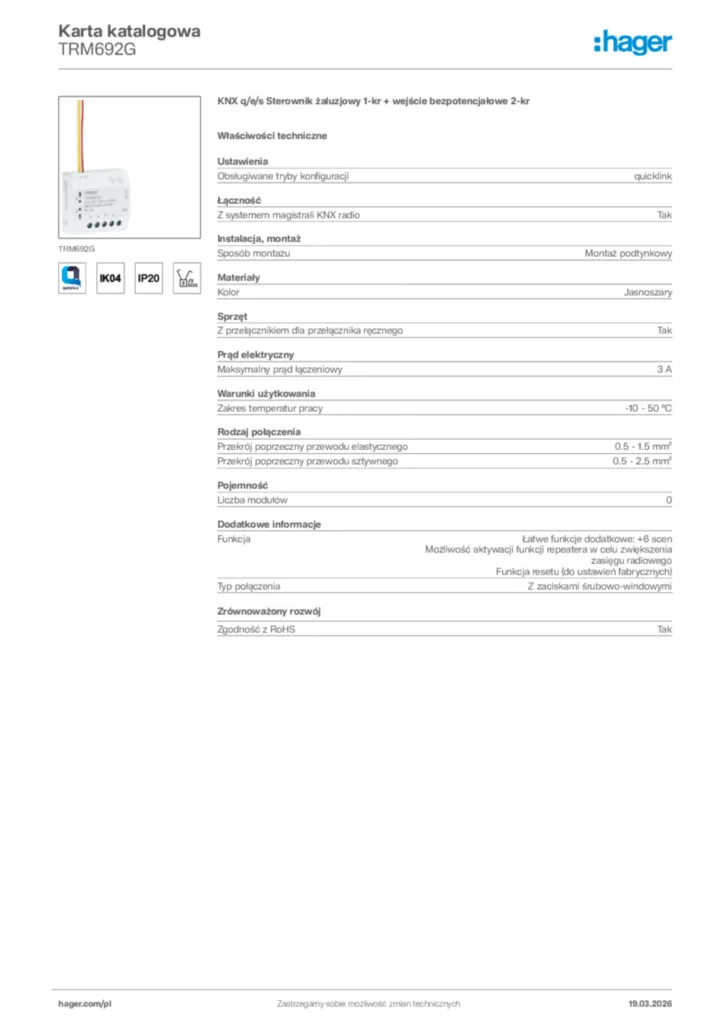Zdjęcie Hager Karta katalogowa TRM692G | Hager Polska