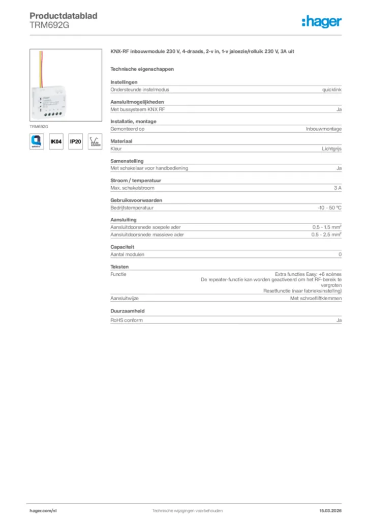 Afbeelding Hager Productdatablad TRM692G | Hager Nederland