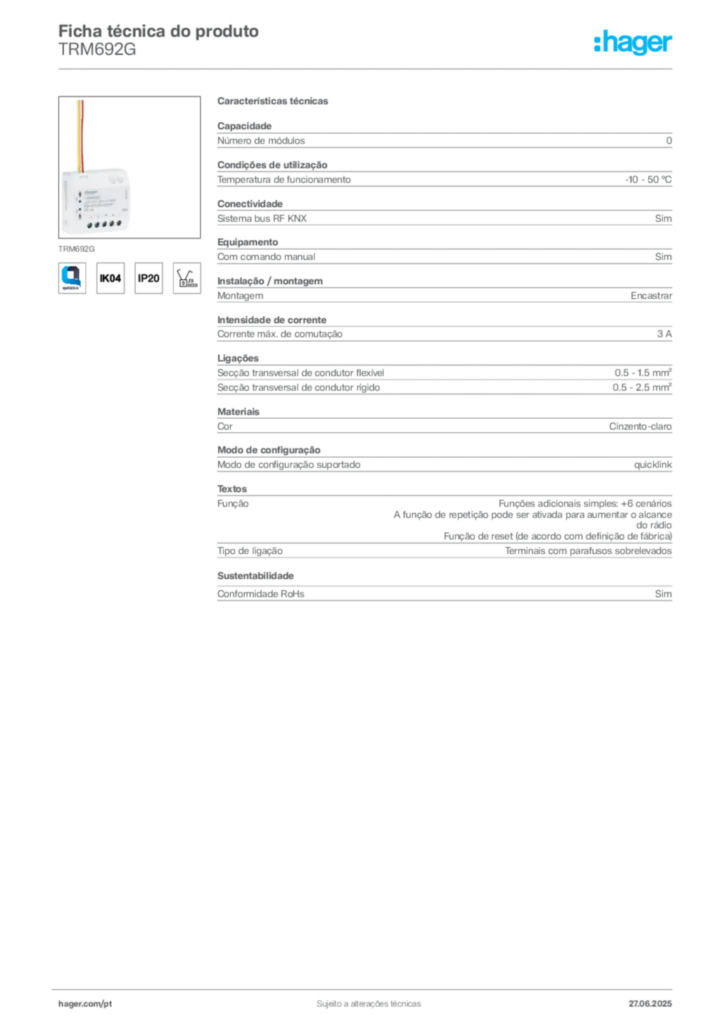 Imagem Hager Ficha técnica do produto TRM692G | Hager Portugal