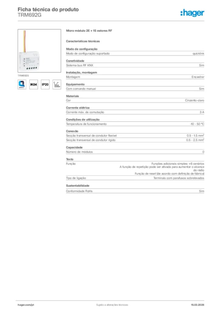 Imagem Hager Ficha técnica do produto TRM692G | Hager Portugal