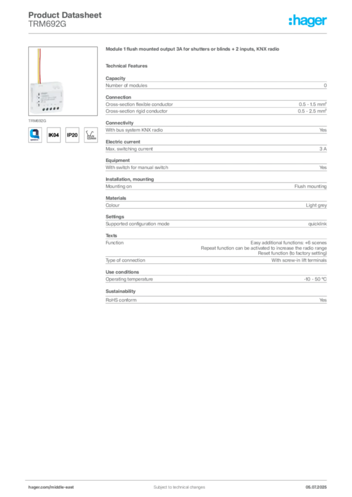 Image Hager Product data sheet TRM692G  | Hager