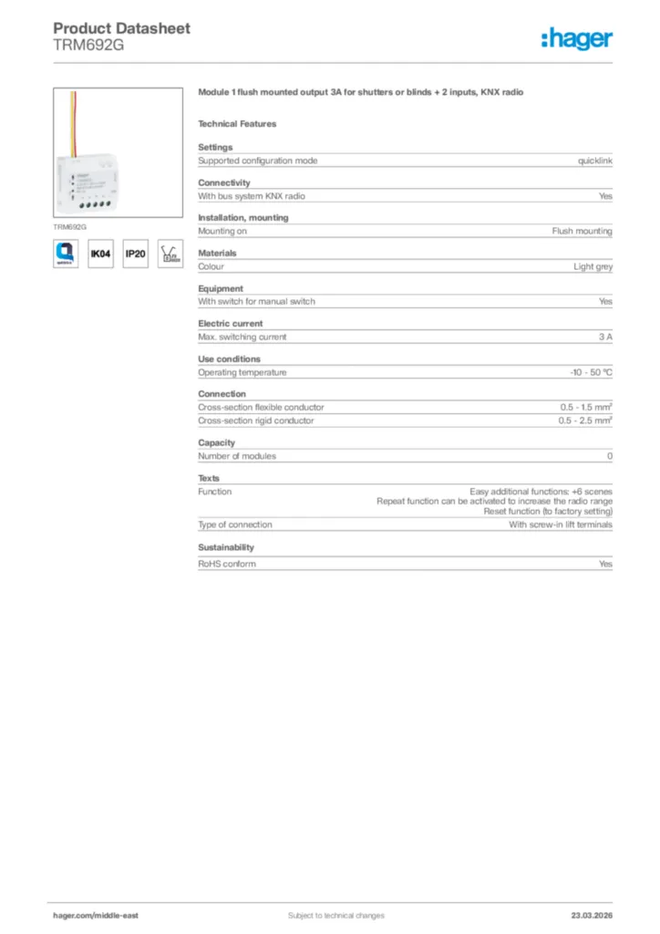 Image Hager Product data sheet TRM692G  | Hager
