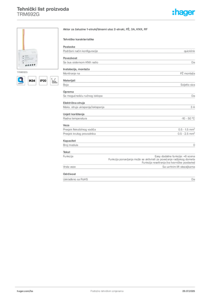 Slika Hager Product data sheet TRM692G  | Hager
