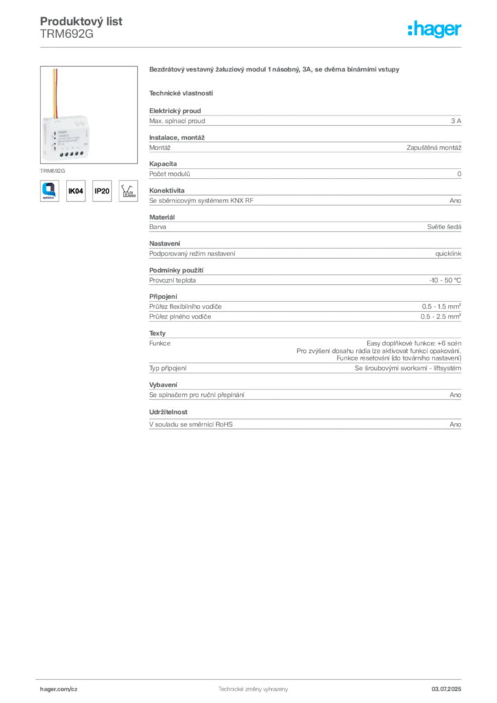 Obrázek Hager Produktový list TRM692G | Hager