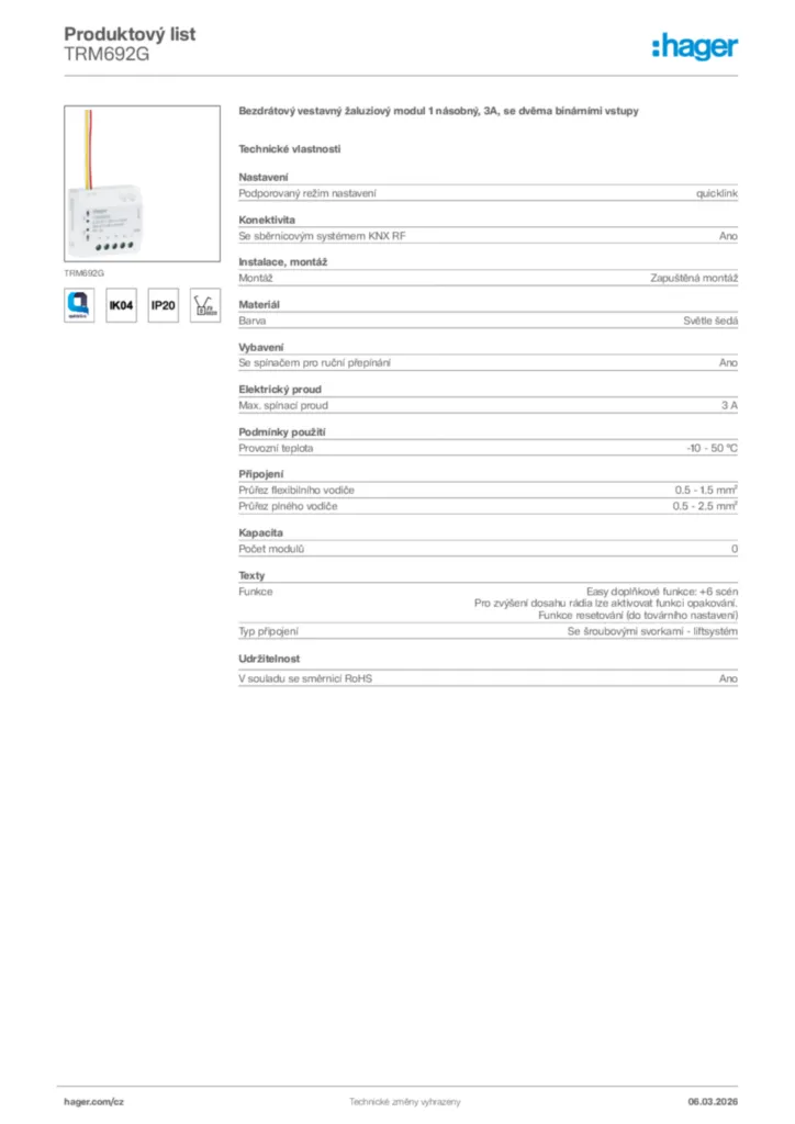 Obrázek Hager Product data sheet TRM692G | Hager