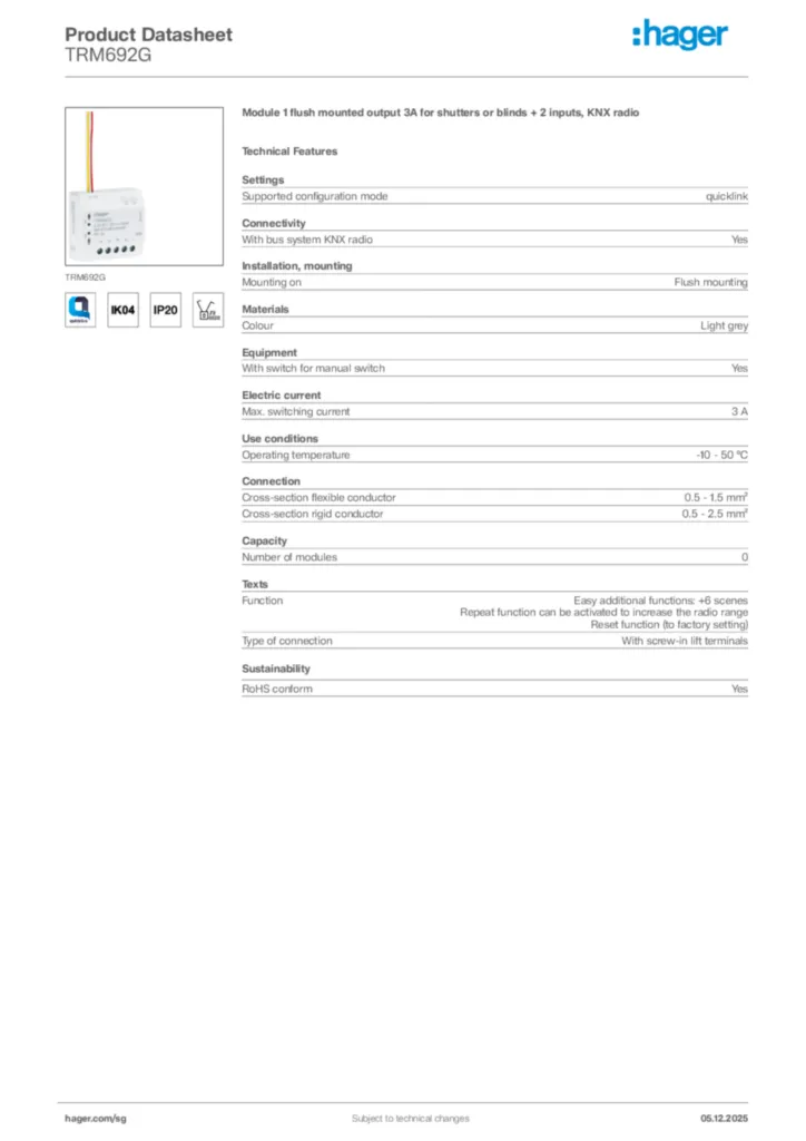 Image Hager Product data sheet TRM692G  | Hager