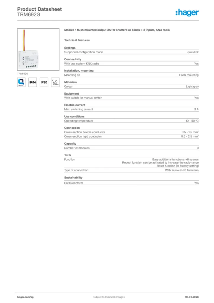 Image Hager Product data sheet TRM692G  | Hager
