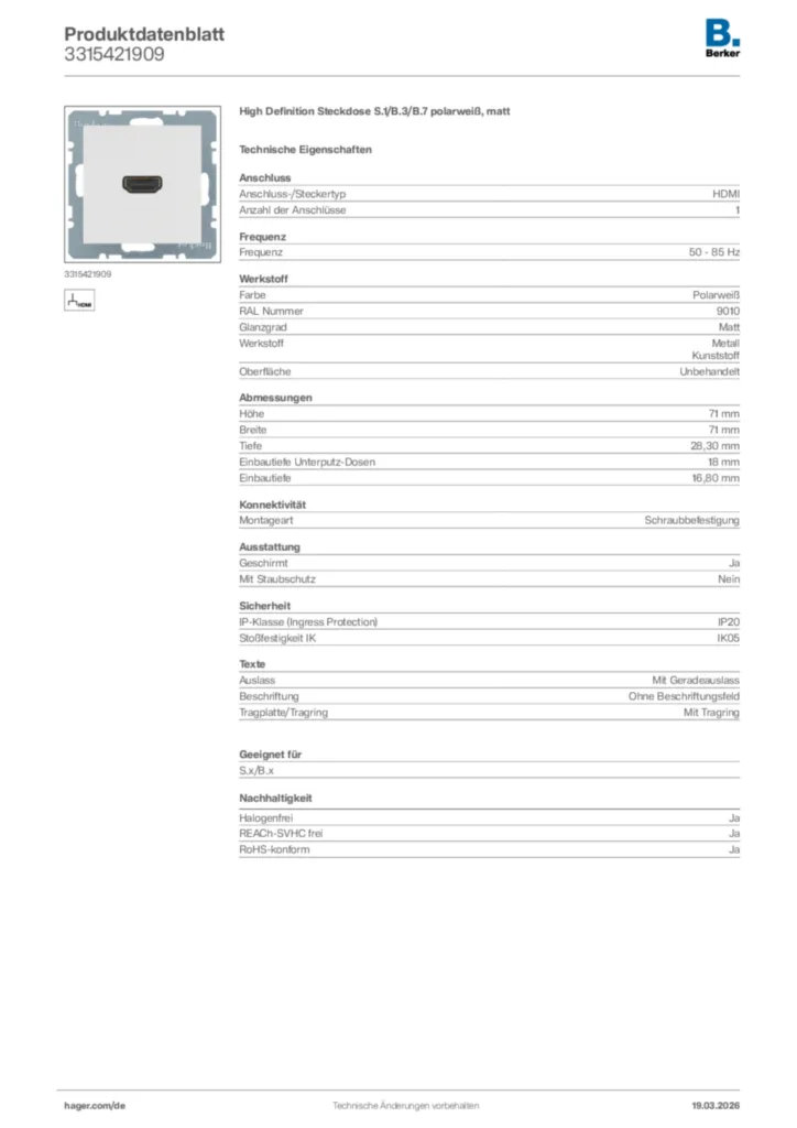 Bild Berker Produktdatenblatt 3315421909 | Hager Deutschland