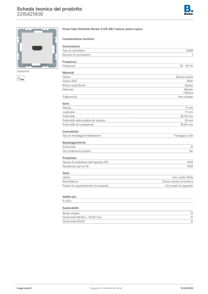 Immagine Berker Scheda tecnica del prodotto 3315421909 | Hager Italia
