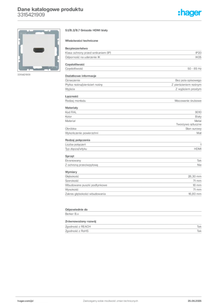 Zdjęcie Hager Dane katalogowe produktu 3315421909 | Hager Polska