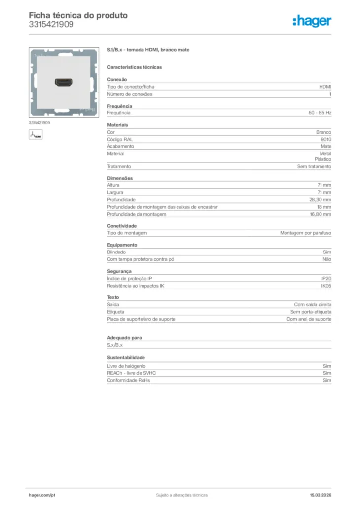 Imagem Hager Ficha técnica do produto 3315421909 | Hager Portugal