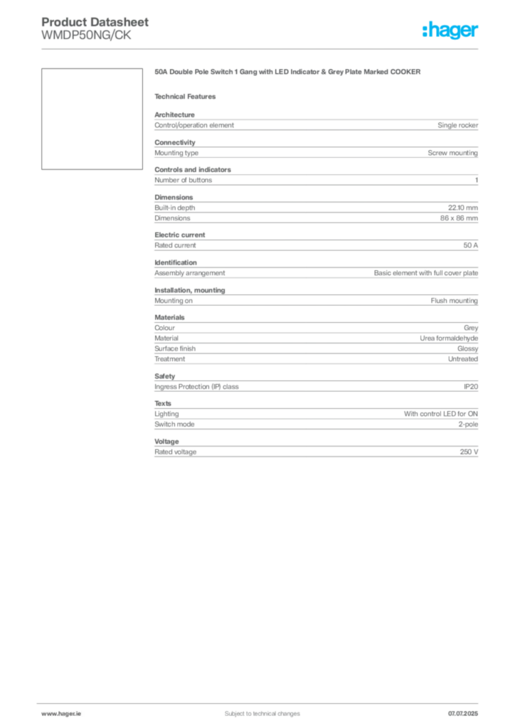 Image Hager Product data sheet WMDP50NG/CK  | Hager
