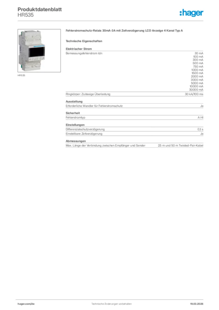 Bild Hager Produktdatenblatt HR535 | Hager Deutschland