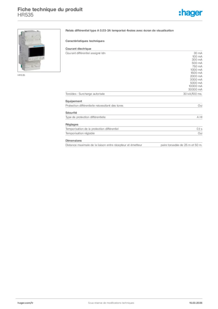 Image Hager Fiche technique du produit HR535 | Hager France