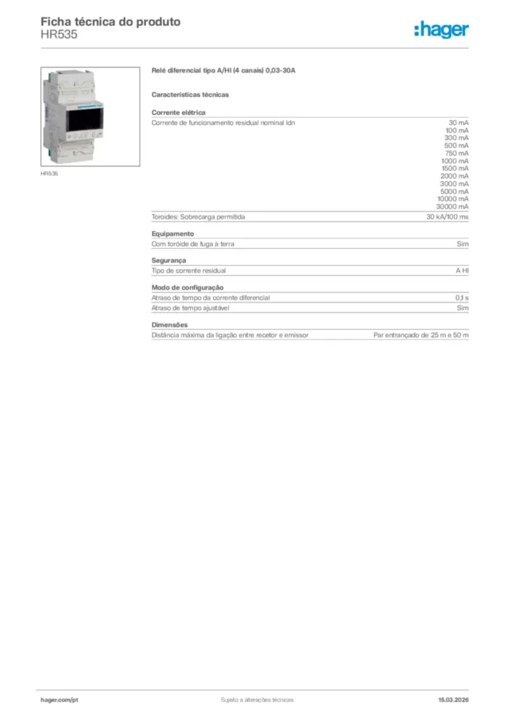 Imagem Hager Ficha técnica do produto HR535 | Hager Portugal