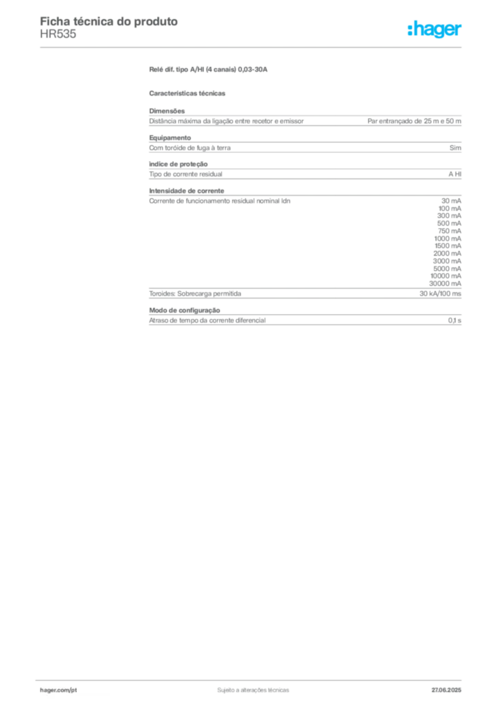 Imagem Hager Ficha técnica do produto HR535 | Hager Portugal