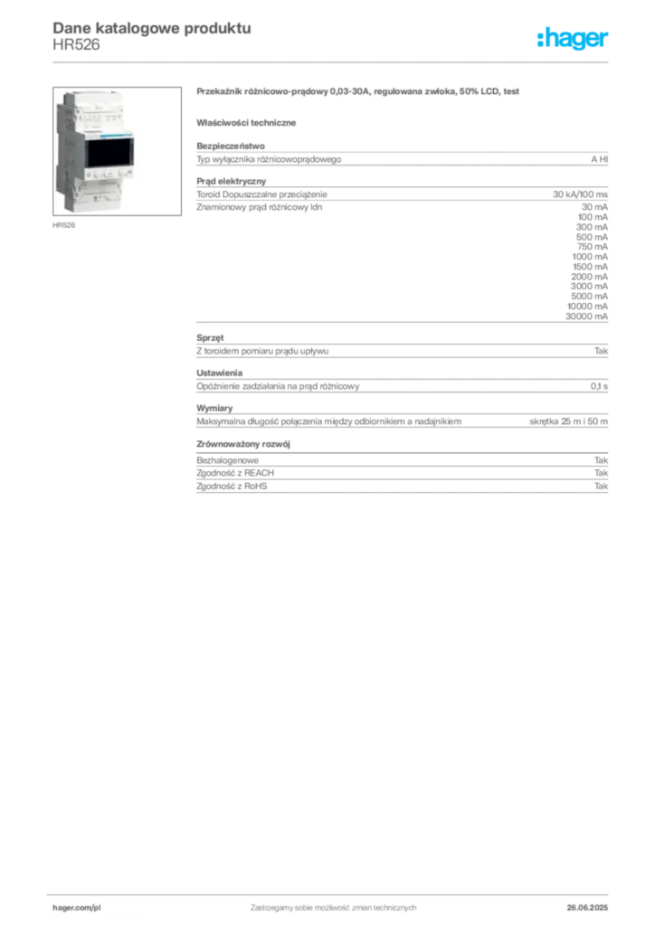 Zdjęcie Hager Dane katalogowe produktu HR526 | Hager Polska