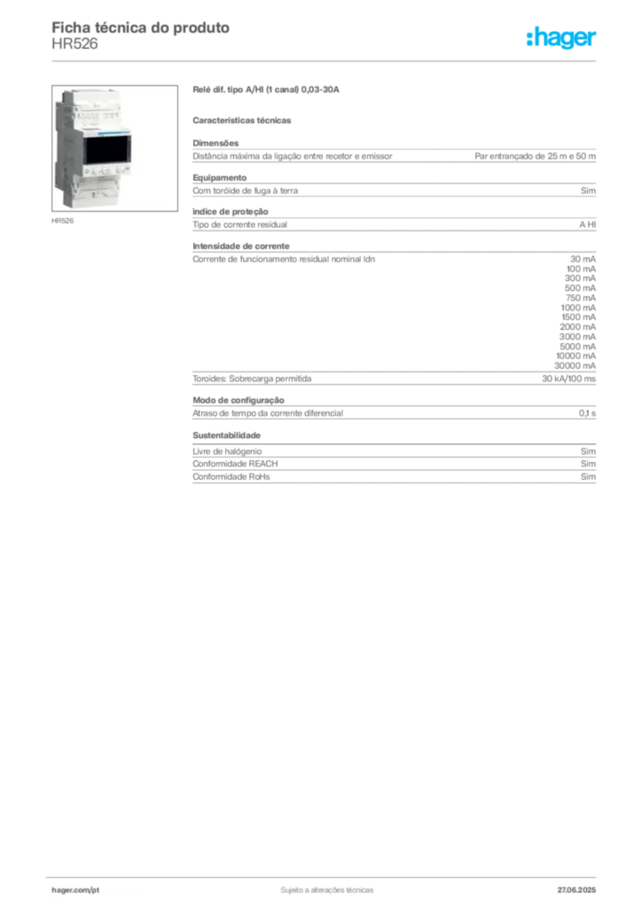 Imagem Hager Ficha técnica do produto HR526 | Hager Portugal
