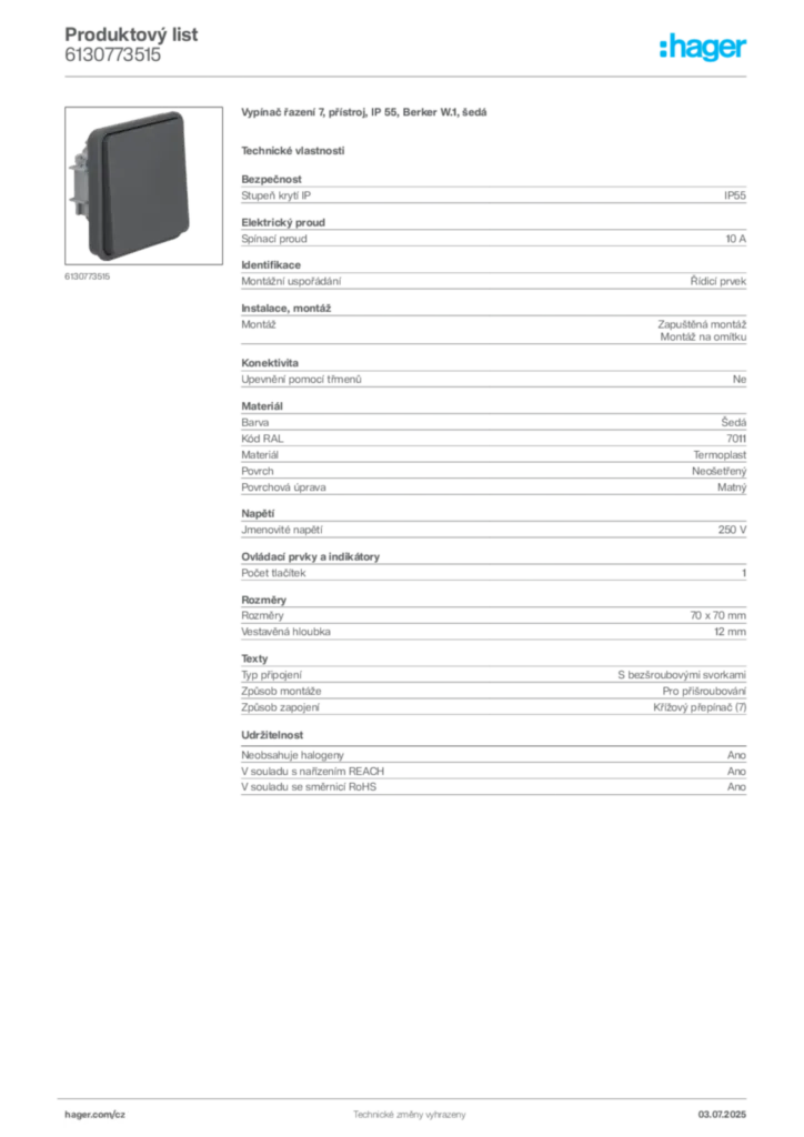 Obrázek Hager Produktový list 6130773515 | Hager