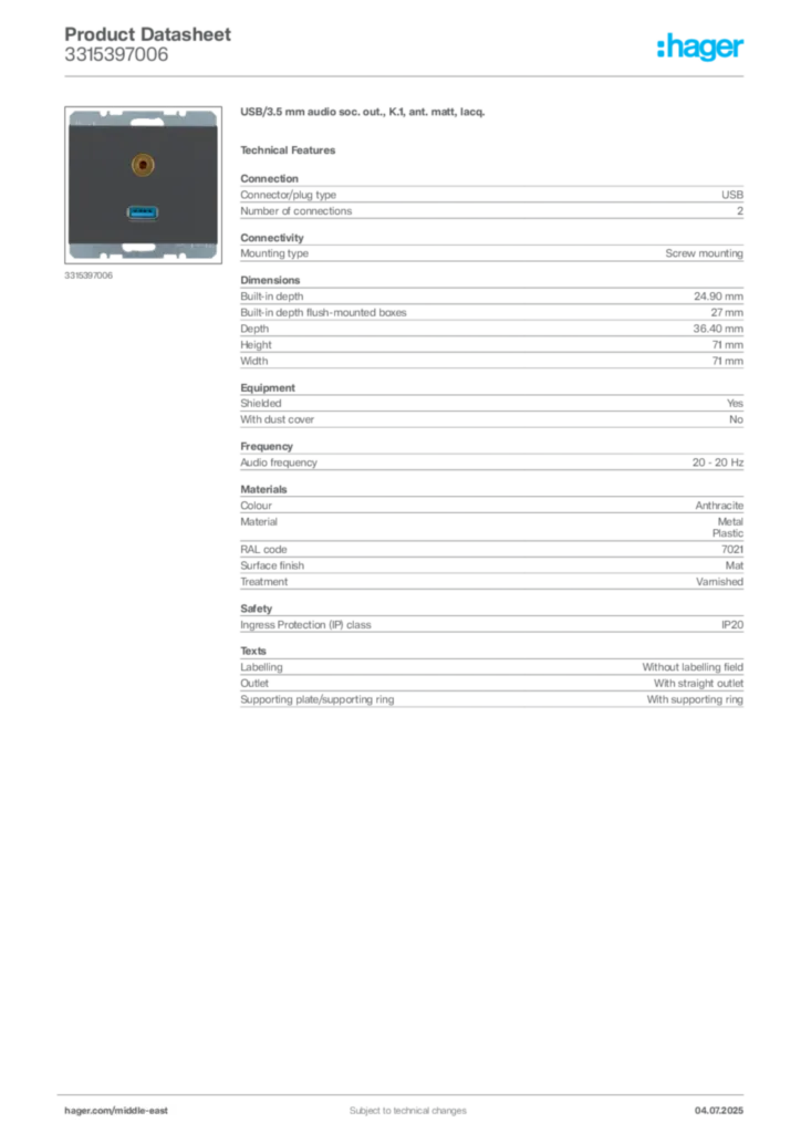 Image Hager Product data sheet 3315397006  | Hager