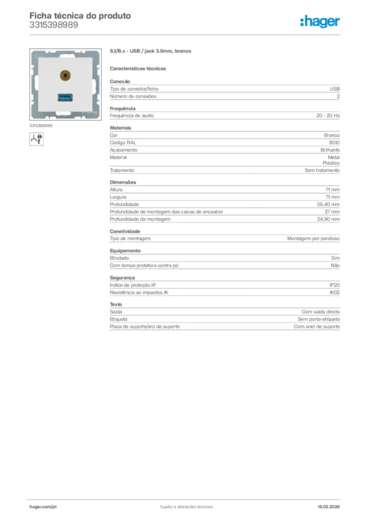 Imagem Hager Ficha técnica do produto 3315398989 | Hager Portugal