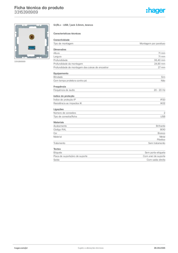 Imagem Hager Ficha técnica do produto 3315398989 | Hager Portugal