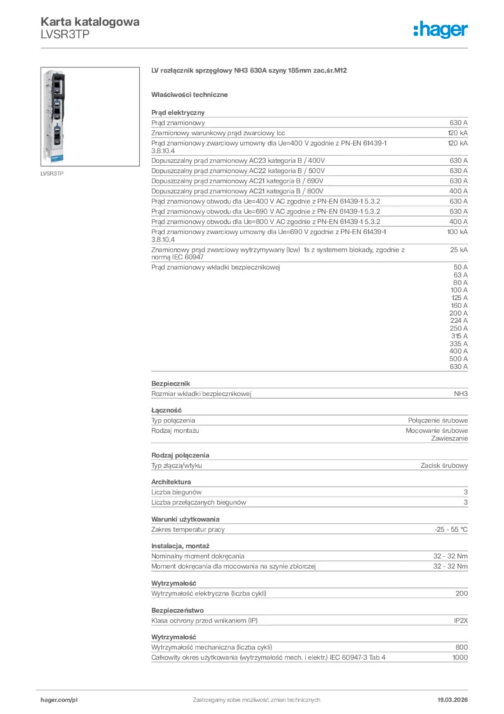 Zdjęcie Hager Karta katalogowa LVSR3TP | Hager Polska