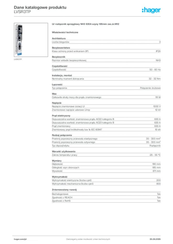 Zdjęcie Hager Dane katalogowe produktu LVSR3TP | Hager Polska