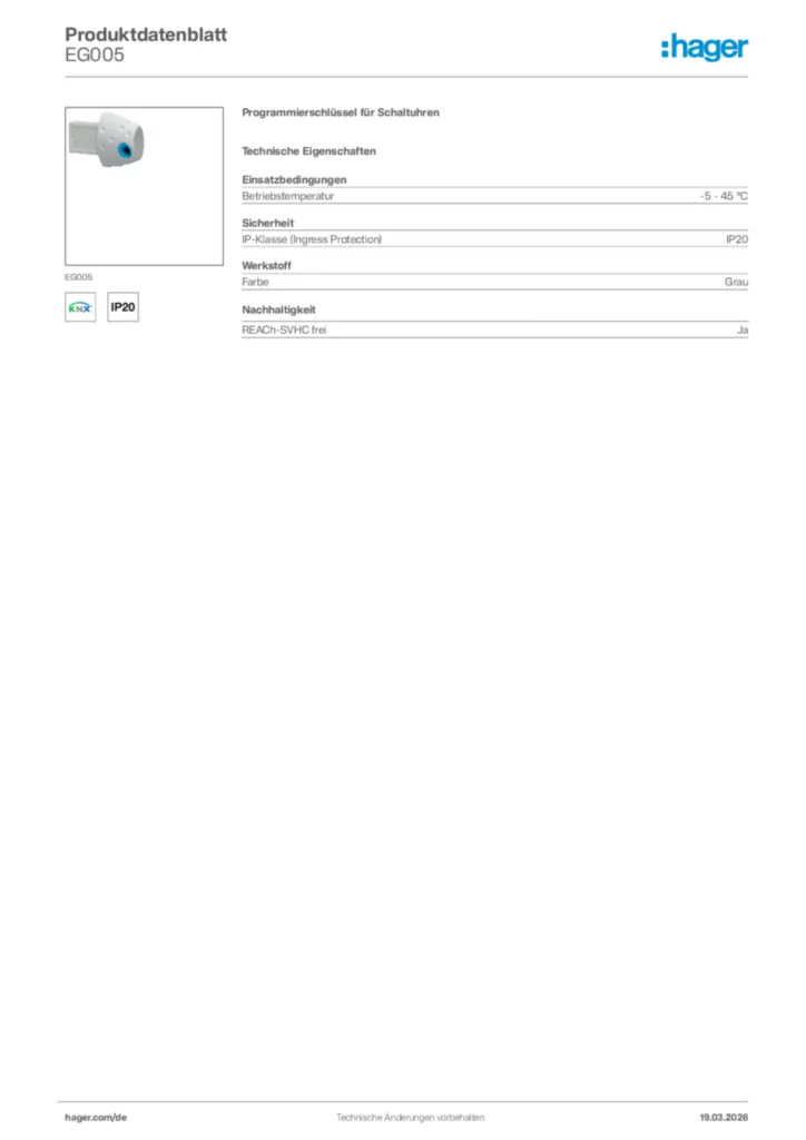 Bild Hager Produktdatenblatt EG005 | Hager Deutschland