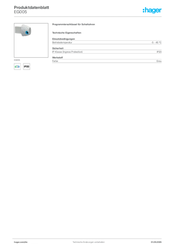 Bild Hager Produktdatenblatt EG005 | Hager Deutschland