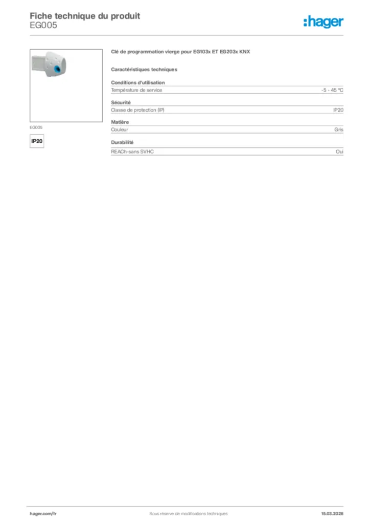 Image Hager Fiche technique du produit EG005 | Hager France