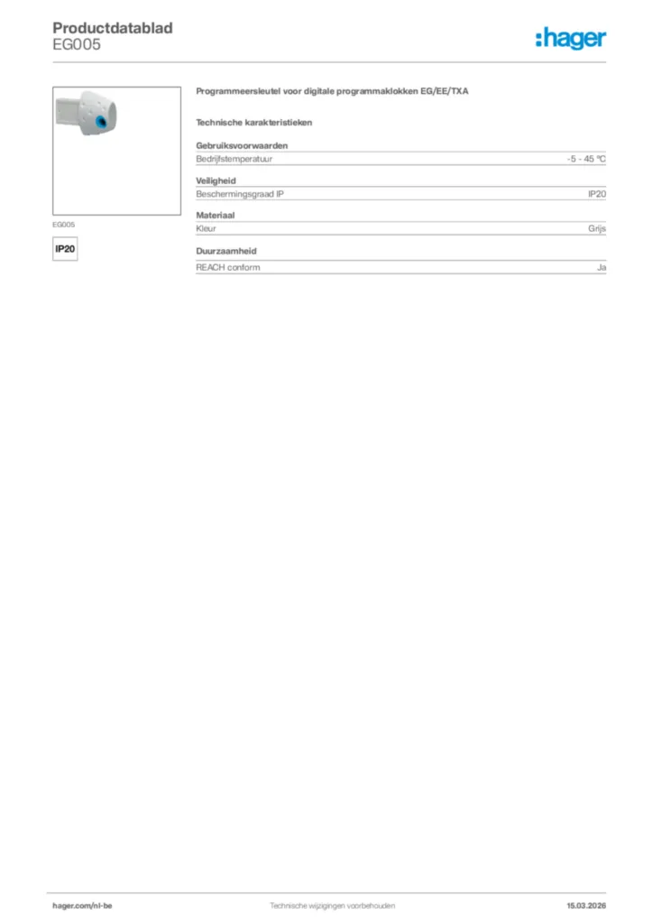 Afbeelding Hager Productdatablad EG005 | Hager Belgium