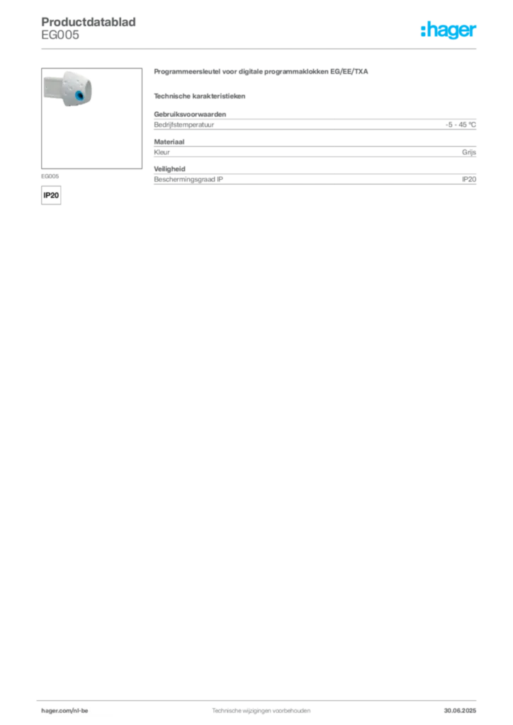 Afbeelding Hager Productdatablad EG005 | Hager Belgium
