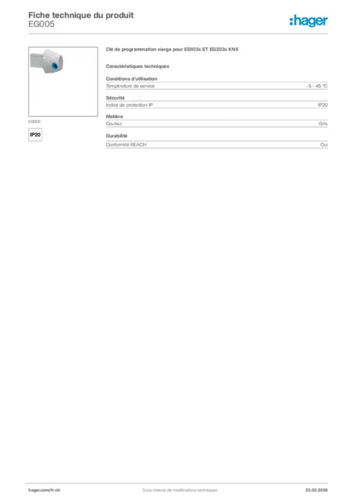 Image Hager Fiche technique du produit EG005 | Hager Suisse