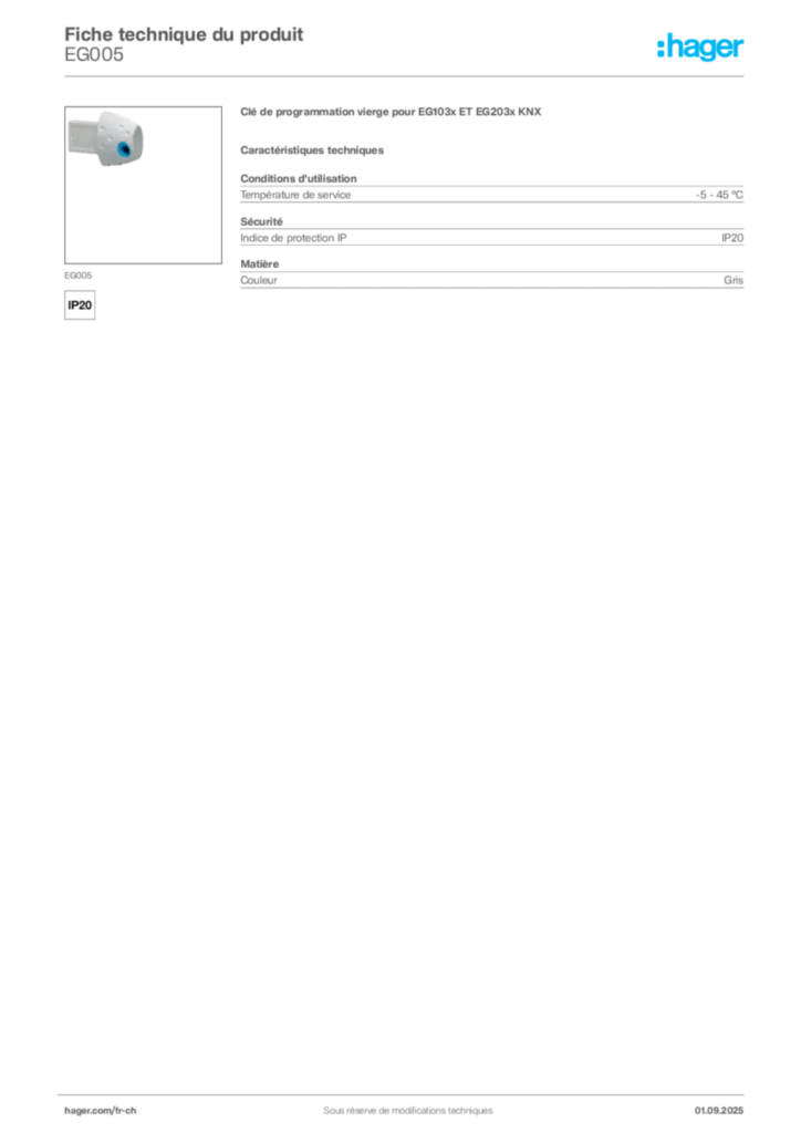 Image Hager Fiche technique du produit EG005 | Hager Suisse