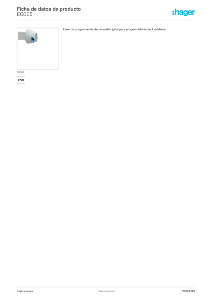Imagen Hager Ficha de datos de producto EG005 | Hager España