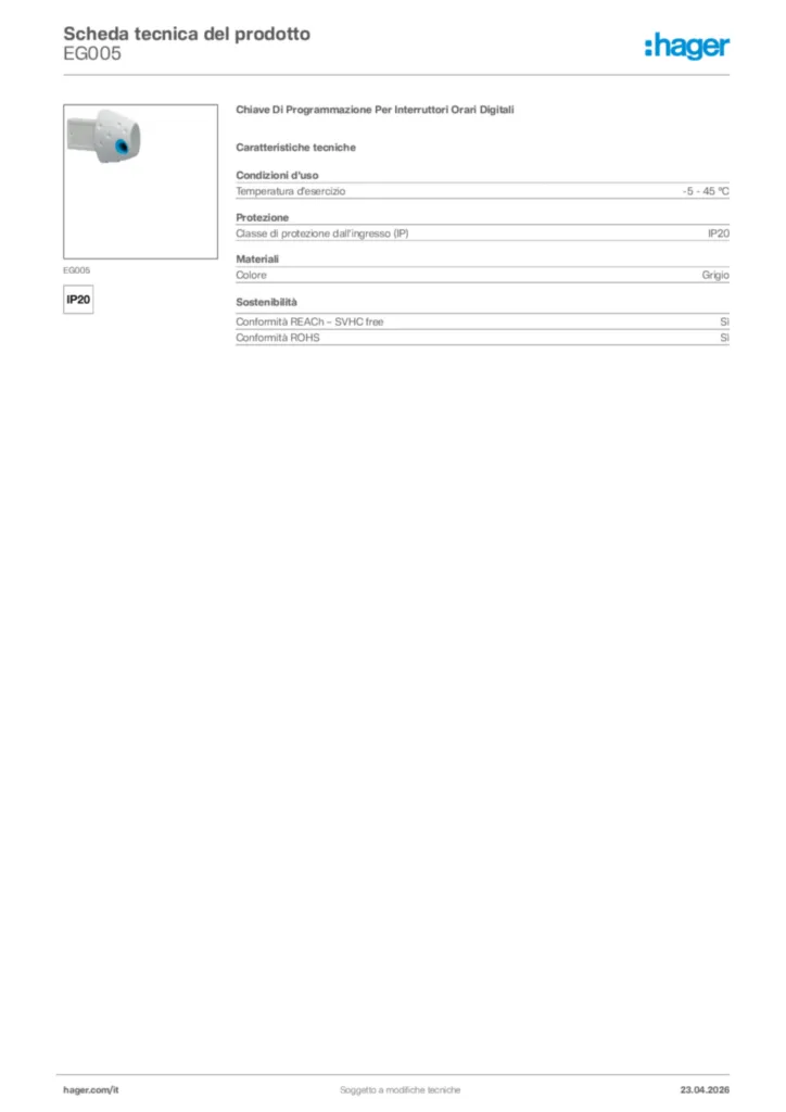 Immagine Hager Scheda tecnica del prodotto EG005 | Hager Italia